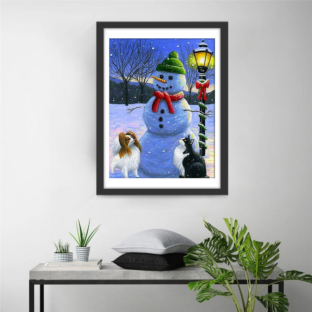 Twee Honden en Grote Sneeuwpop met Groene Muts Diamond Painting