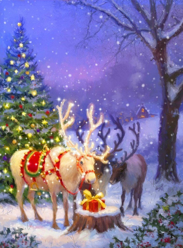 Twee Nieuwsgierige Rendieren die naar een Cadeau Kijken Diamond Painting
