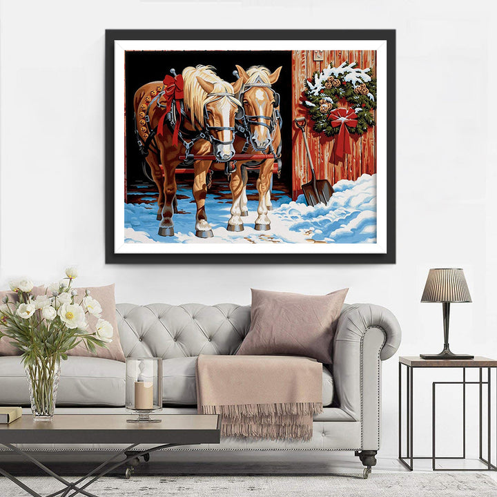Twee Paarden met Rode Linten bij Kerststal Diamond Painting