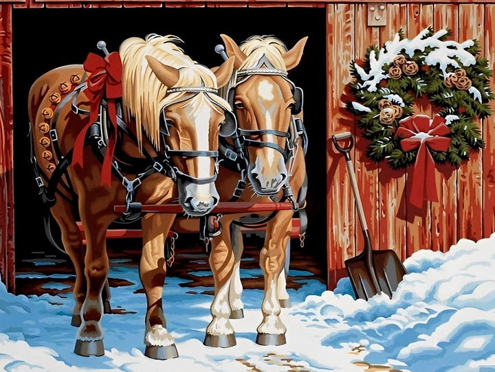 Twee Paarden met Rode Linten bij Kerststal Diamond Painting