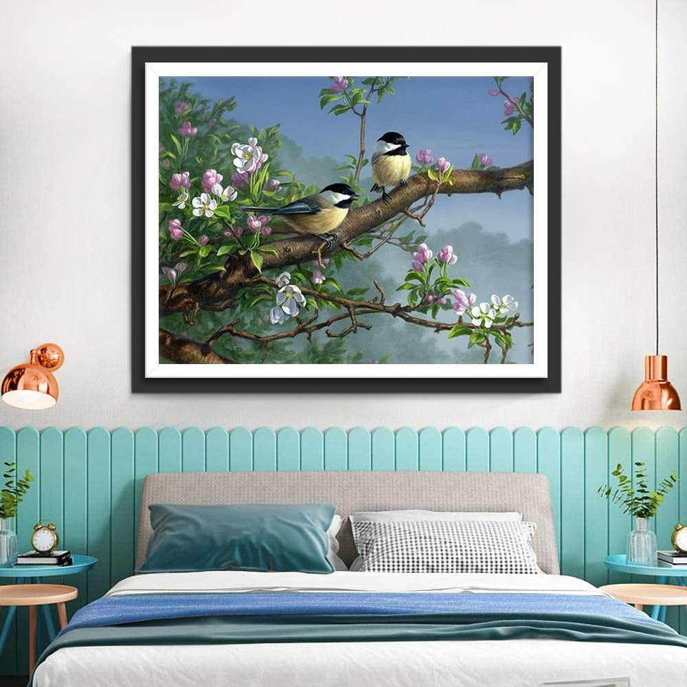 Twee Vogels in een Boom met Roze en Witte Bloemen Diamond Painting