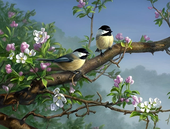 Twee Vogels in een Boom met Roze en Witte Bloemen Diamond Painting