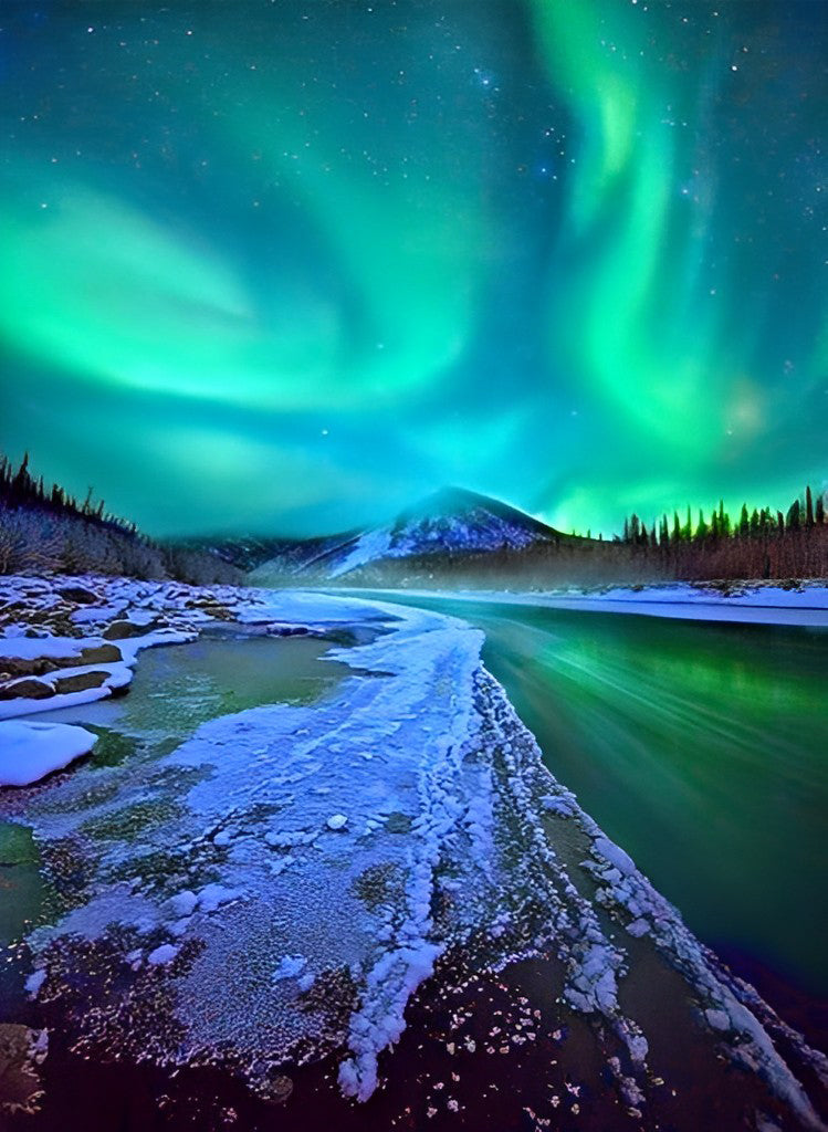 Verleidelijk Noorderlicht boven de Ijsige Waterloop Diamond Painting