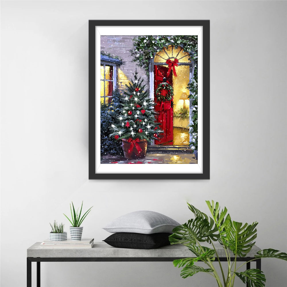 Verlichte Kerstboom en Ingang met Kerstversiering Diamond Painting