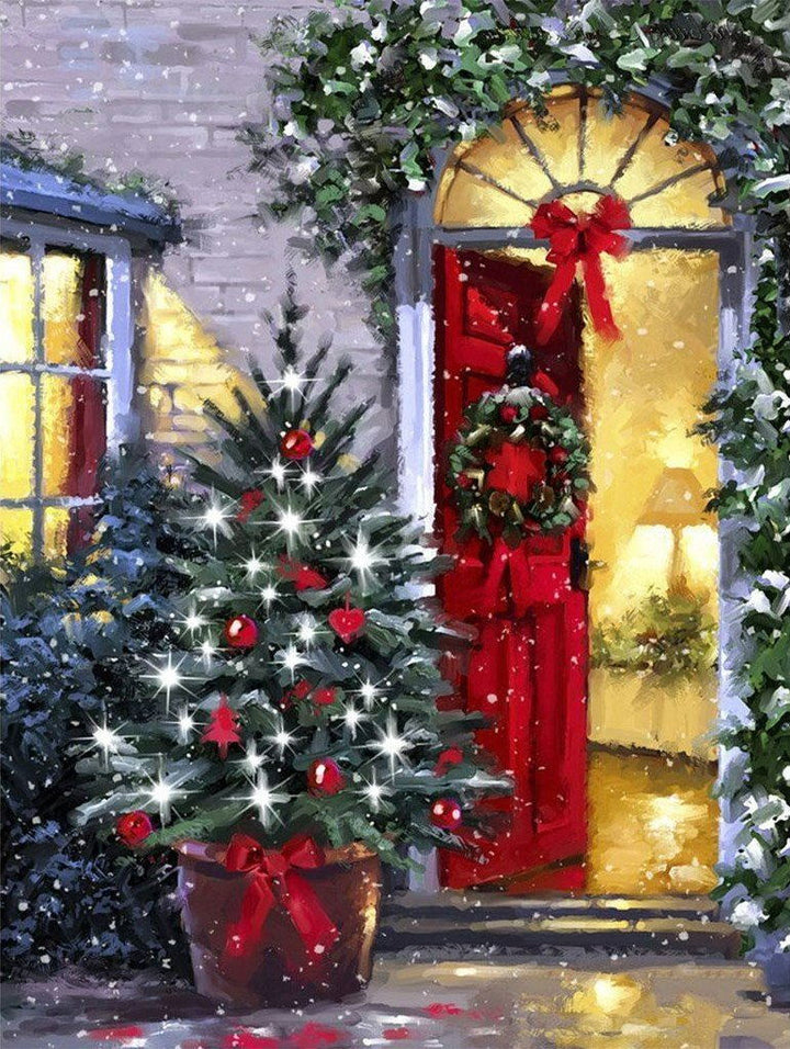 Verlichte Kerstboom en Ingang met Kerstversiering Diamond Painting