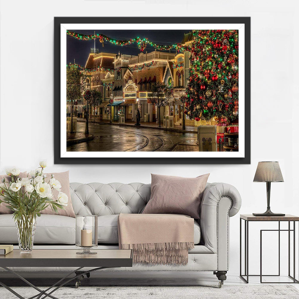 Verlichte Straat in Kerstdorp Diamond Painting