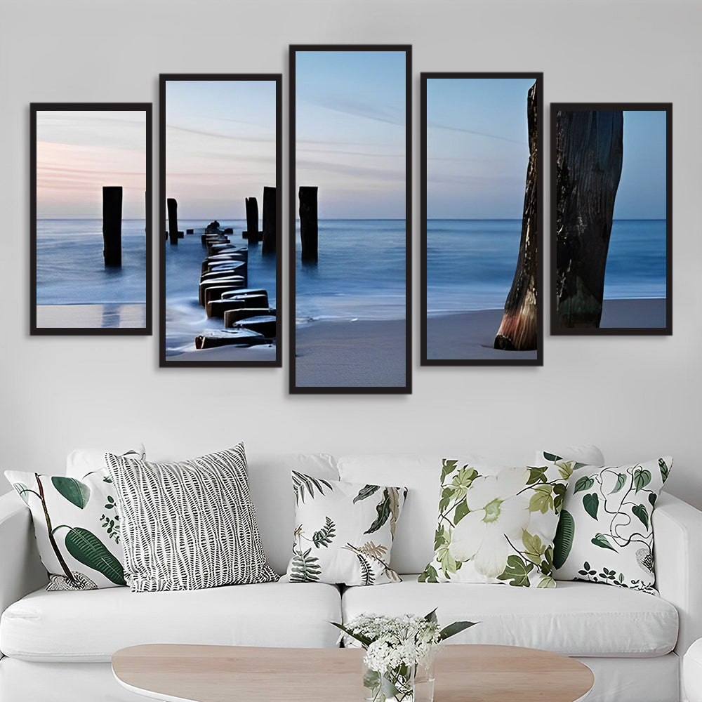 Verweerde Paal en Zee in Zachte Kleuren 5 Platen Diamond Painting