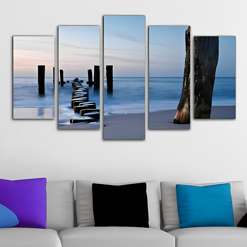 Verweerde Paal en Zee in Zachte Kleuren 5 Platen Diamond Painting