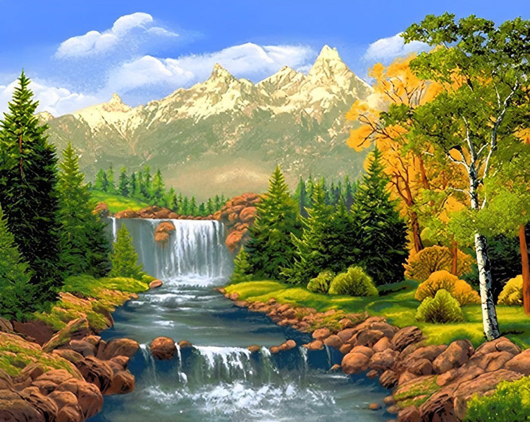 Vitale Bergwildernis met Bruisende Waterval Diamond Painting