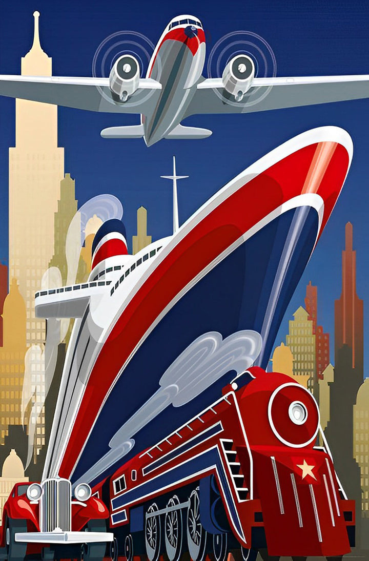 Vliegtuig, Boot en Trein in Magische Stad Diamond Painting