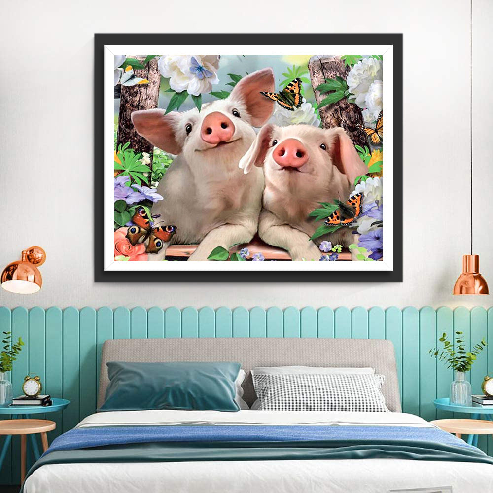 Vlinders en Varkens in Bloemen Diamond Painting