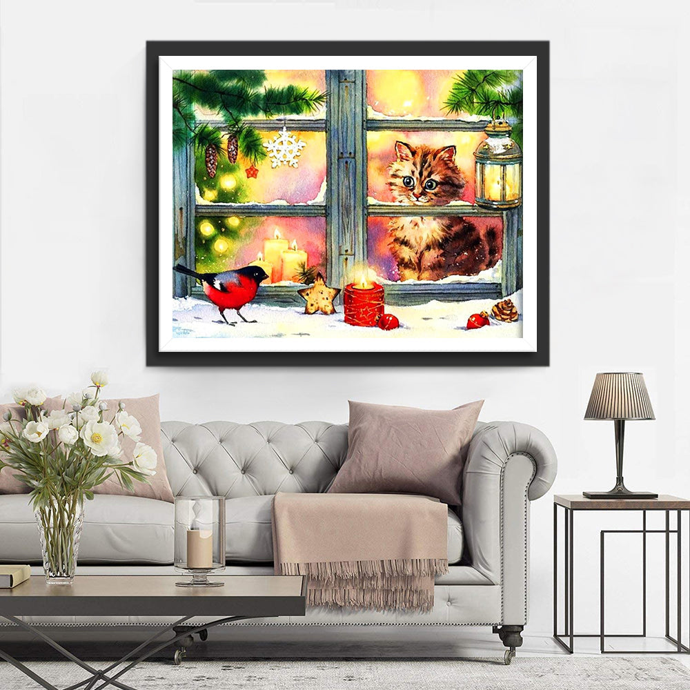 Vogel, Kat en Kerstlichtjes Diamond Painting