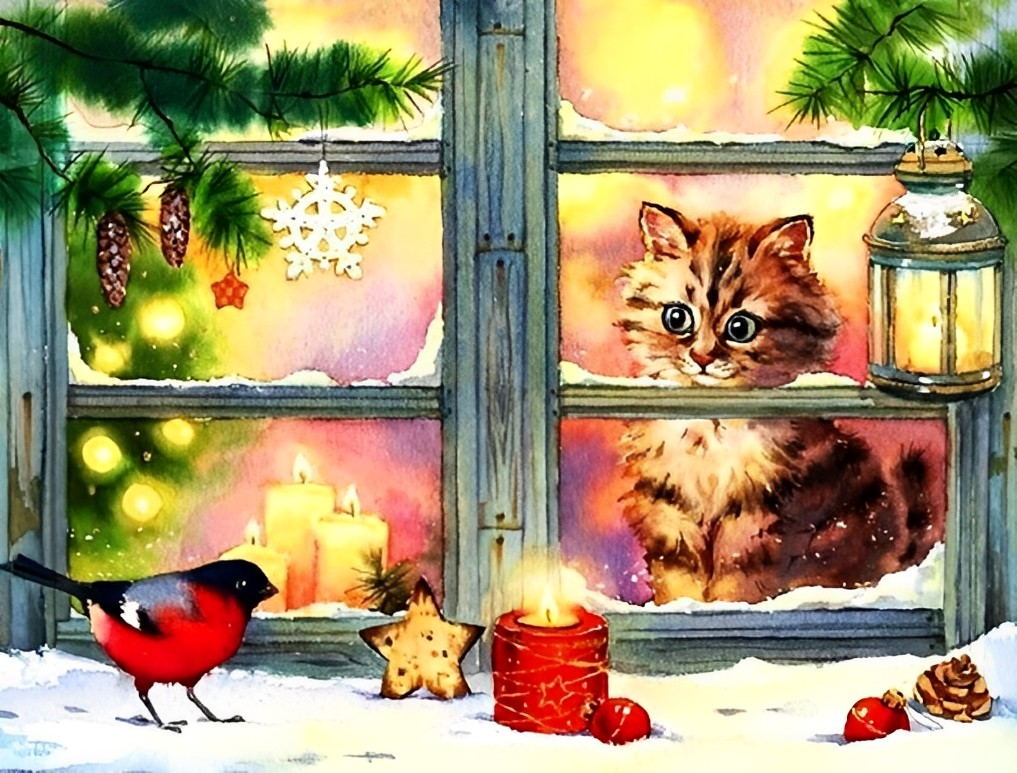 Vogel, Kat en Kerstlichtjes Diamond Painting