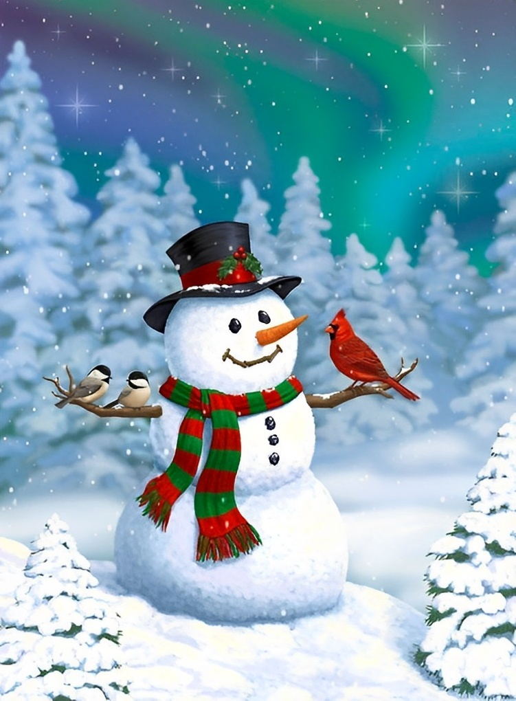 Vogels en een Sneeuwpop in het Bos Diamond Painting