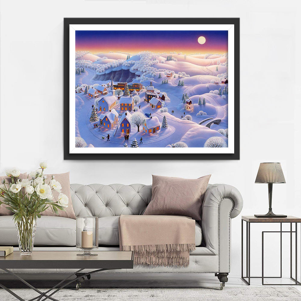 Volledig Beeld van het Winterse Plattelandsgehucht Diamond Painting