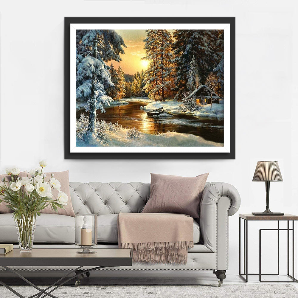 Vredige Winteridylle bij de Riviertje Diamond Painting