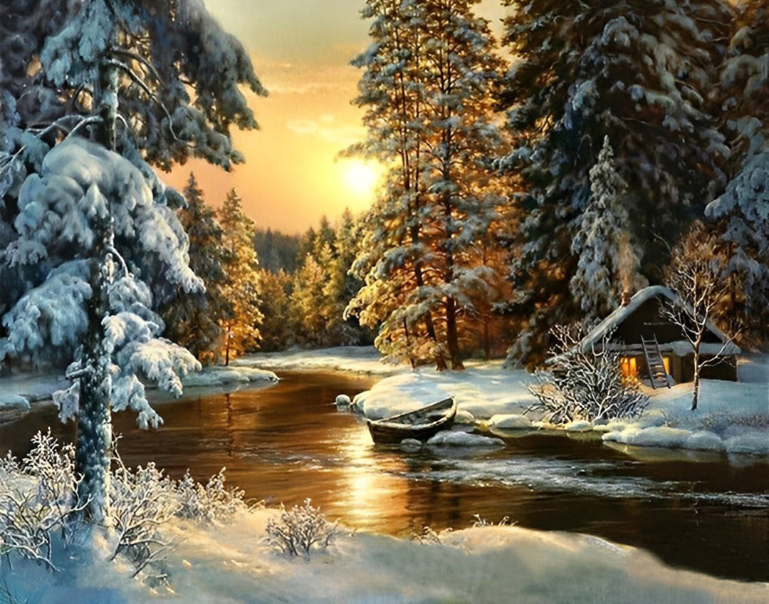 Vredige Winteridylle bij de Riviertje Diamond Painting