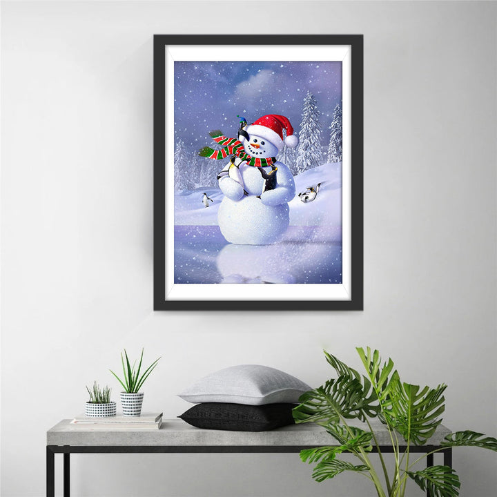 Vriendelijke Kerstsamenzijn van Sneeuwpop en Pinguïns Diamond Painting