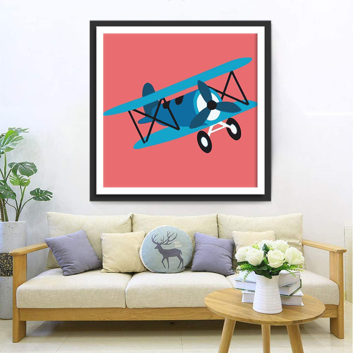 Vrolijke Blauwe Vliegmachine in de Lucht Diamond Painting