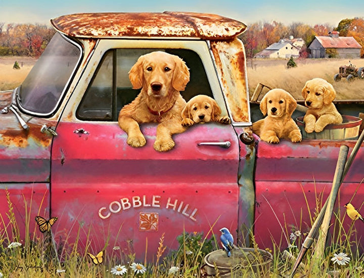 Vrolijke Gele Honden in Oude Rode Vrachtwagen Diamond Painting