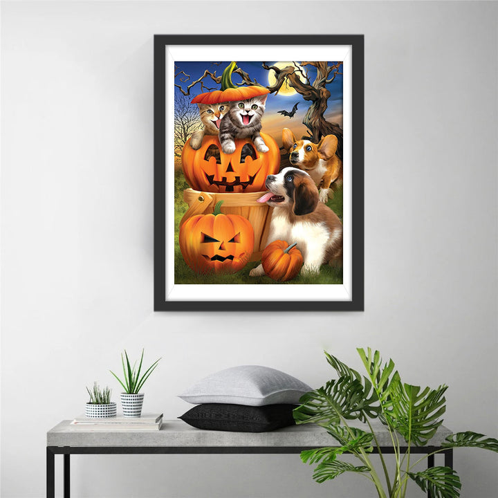 Vrolijke Halloween-dierentroep bij de Pompoenen Diamond Painting