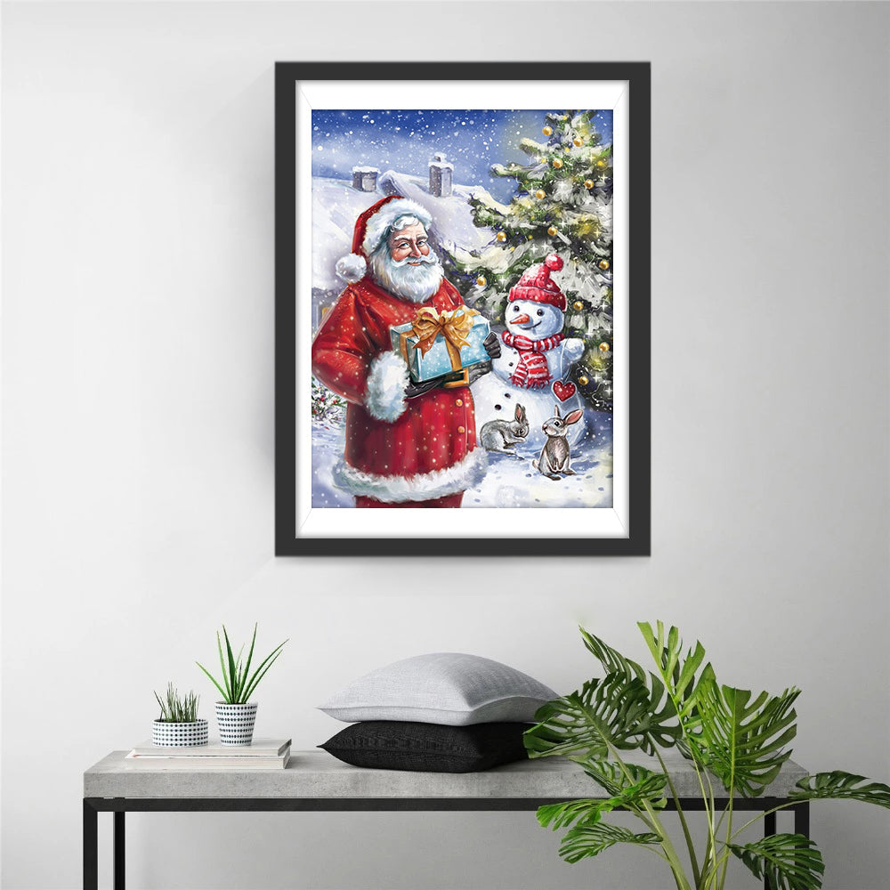 Vrolijke Kerst met Kerstman en Sneeuwpop Diamond Painting