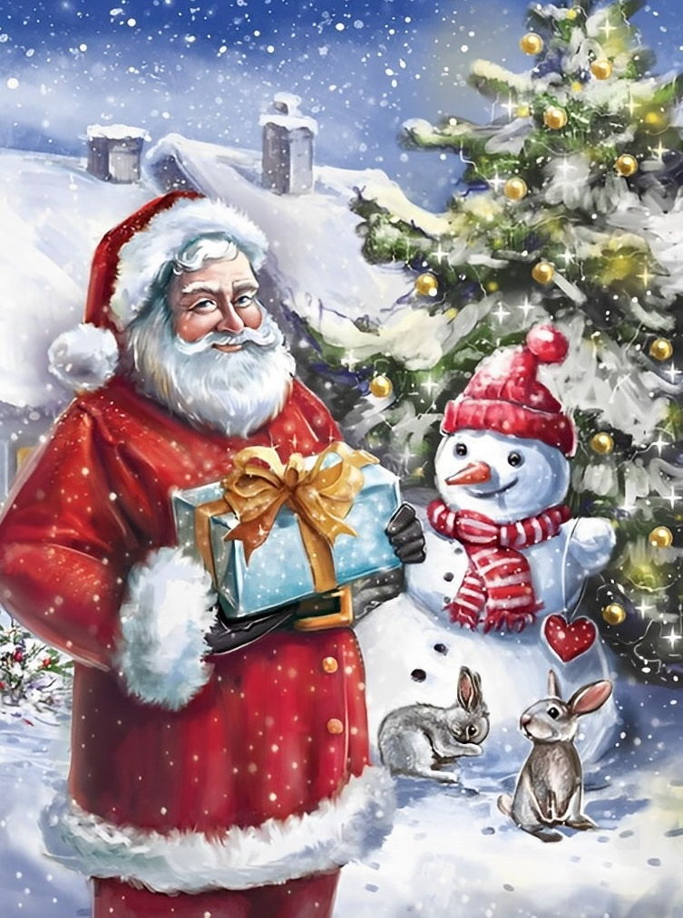 Vrolijke Kerst met Kerstman en Sneeuwpop Diamond Painting