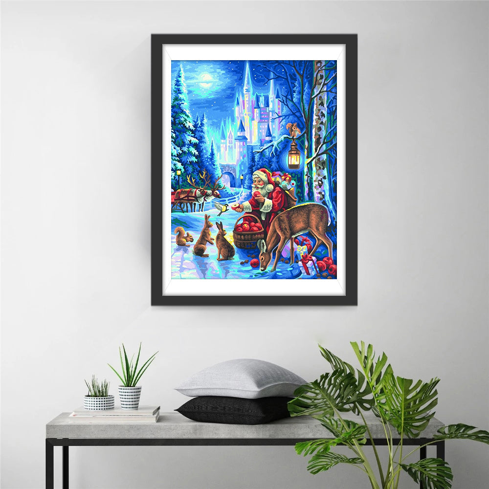 Vrolijke Kerstsfeer met de Kerstman en Dieren Diamond Painting