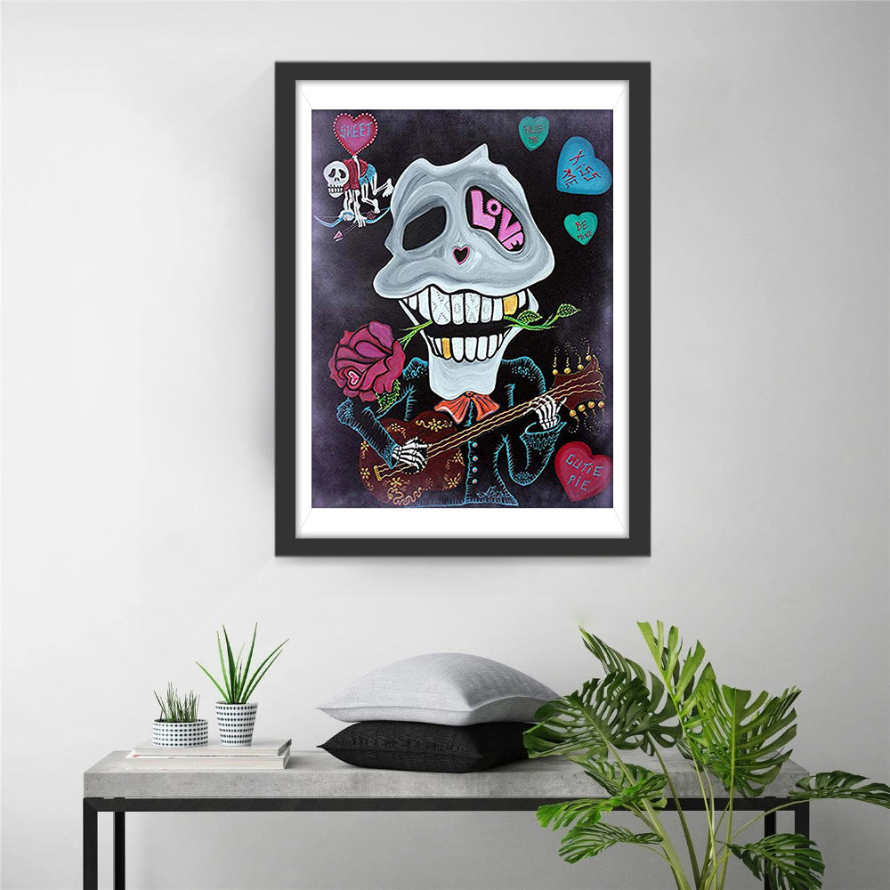 Vrolijke Schedel met Roos, Gitaar en 'LOVE' Diamond Painting