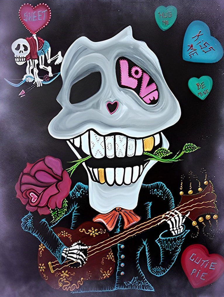 Vrolijke Schedel met Roos, Gitaar en 'LOVE' Diamond Painting