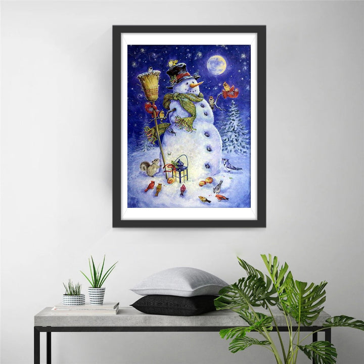 Vrolijke Sneeuwman onder Maanlicht, Omringd door Kleurrijke Vogels Diamond Painting