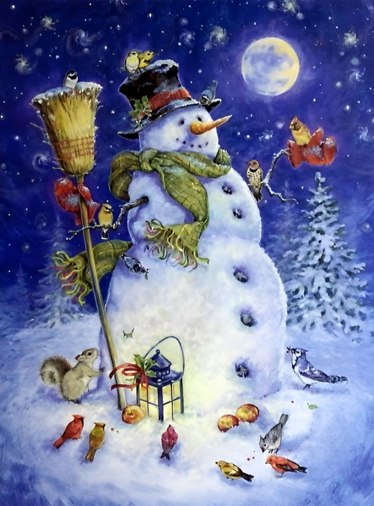 Vrolijke Sneeuwman onder Maanlicht, Omringd door Kleurrijke Vogels Diamond Painting