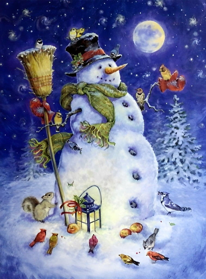 Vrolijke Sneeuwman onder Maanlicht, Omringd door Kleurrijke Vogels Diamond Painting