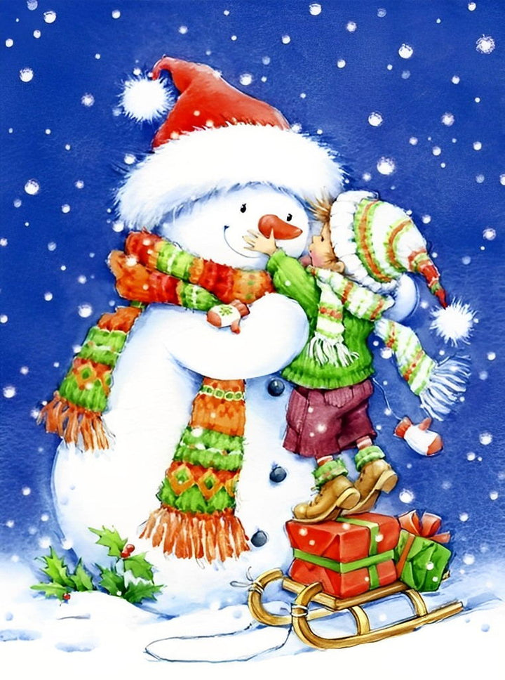 Vrolijke Sneeuwpop en Blij Kindje bij Slee en Sneeuw Diamond Painting