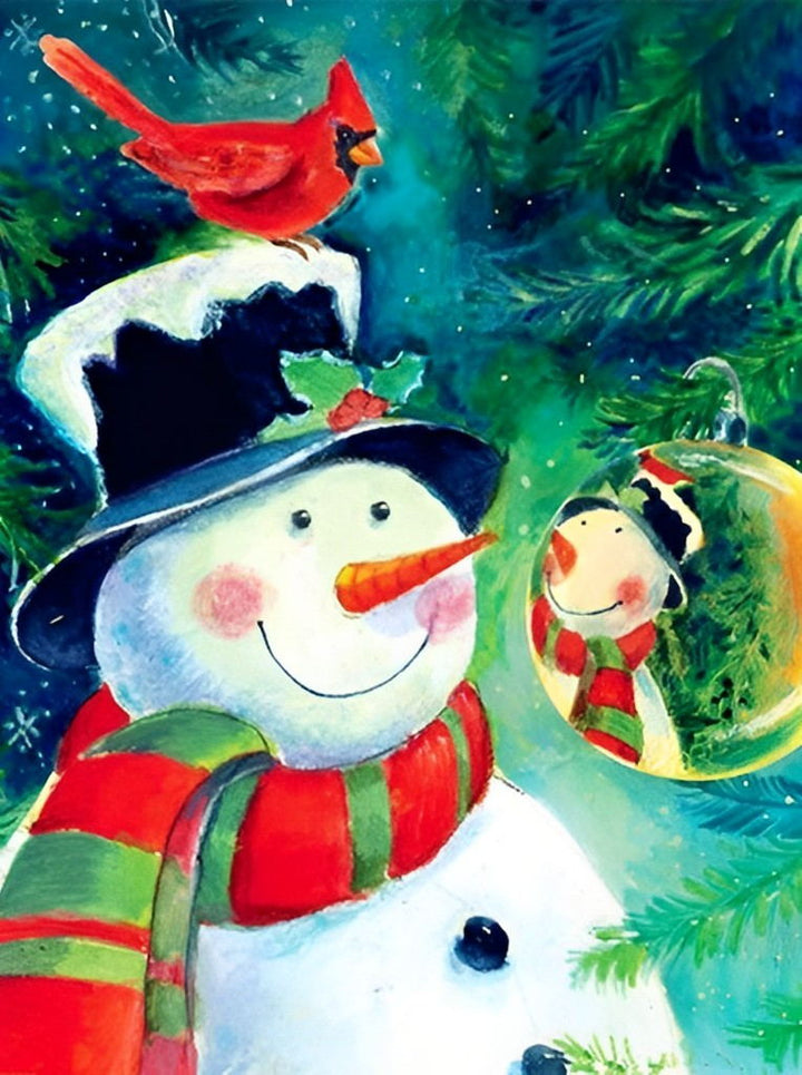 Vrolijke Sneeuwpop met Rood Vogeltje Diamond Painting