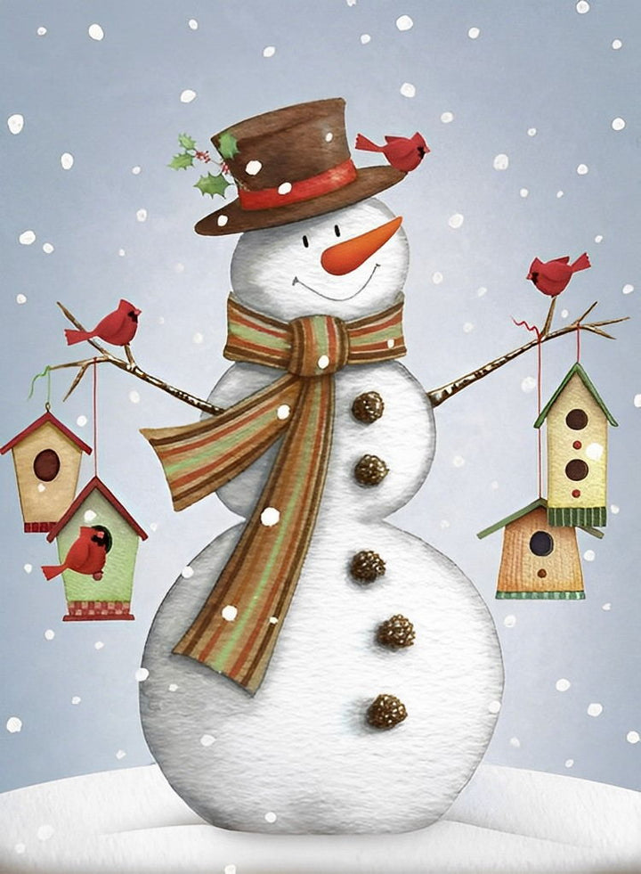Vrolijke Sneeuwpop met Vogeltjeshuisjes Diamond Painting
