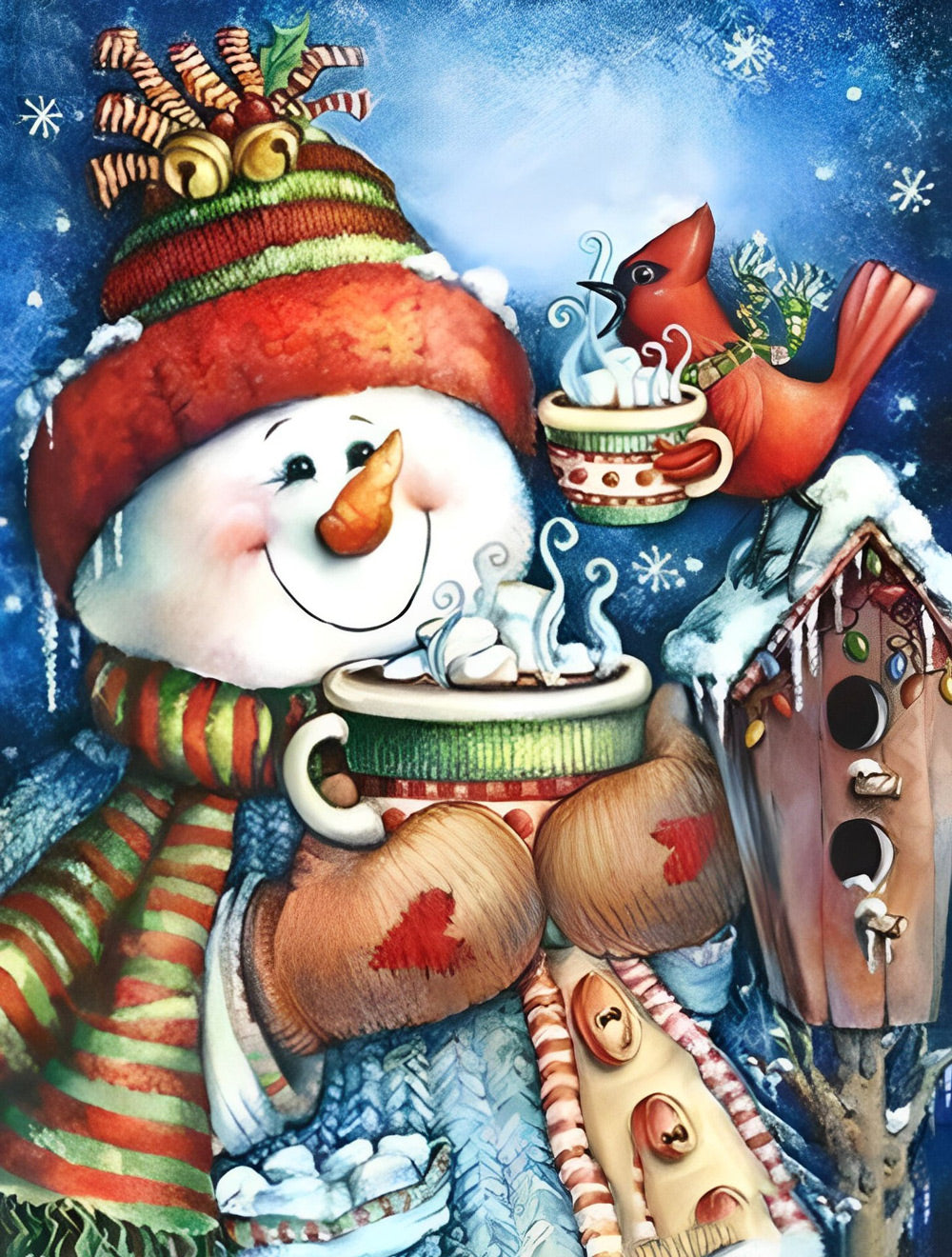 Vrolijke Sneeuwpop met Warme Chocolademelk in de Winter Diamond Painting