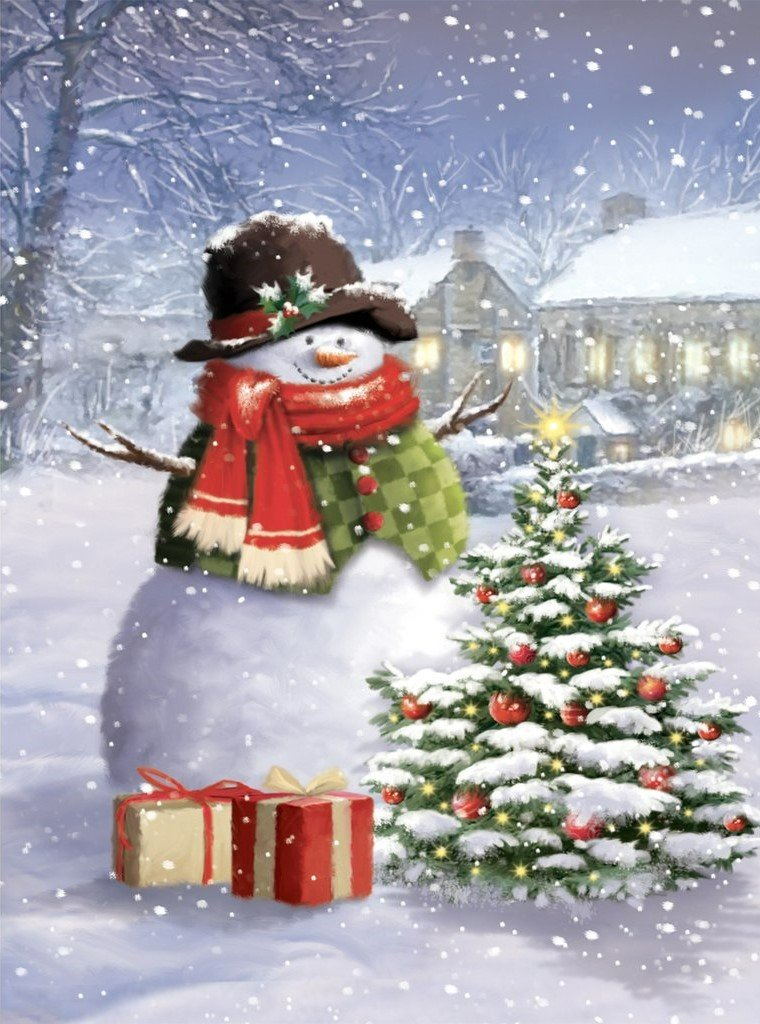 Vrolijke Sneeuwpop naast Feestelijke Kerstboom Diamond Painting