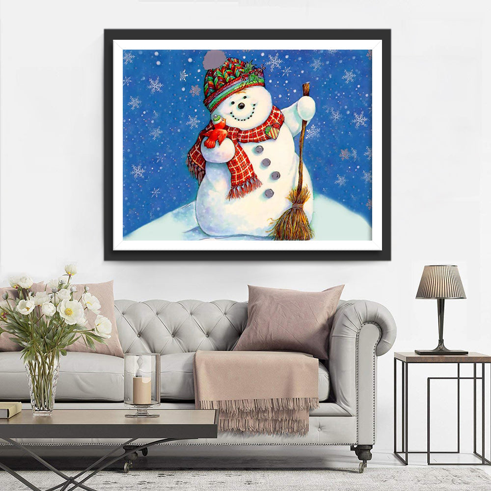 Vrolijke Sneeuwpop tegen Blije Kerstachtergrond Diamond Painting