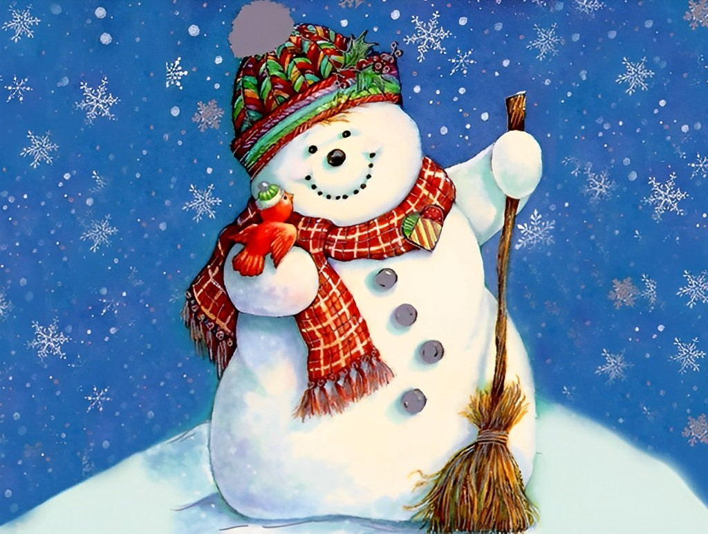 Vrolijke Sneeuwpop tegen Blije Kerstachtergrond Diamond Painting