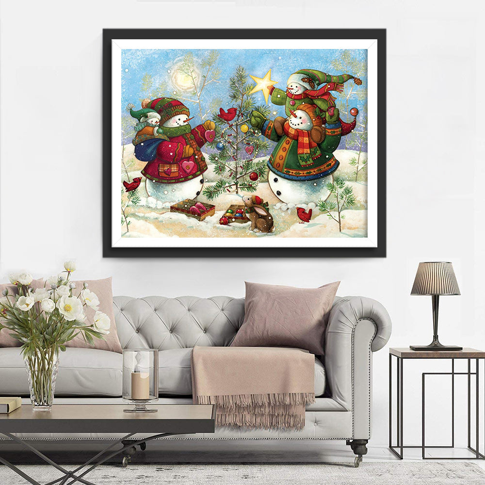 Vrolijke Sneeuwpoppen bij Kerstboom Diamond Painting