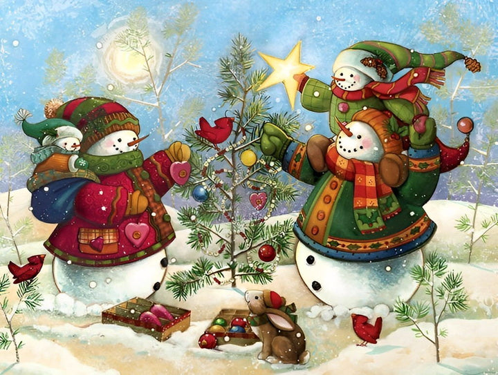 Vrolijke Sneeuwpoppen bij Kerstboom Diamond Painting