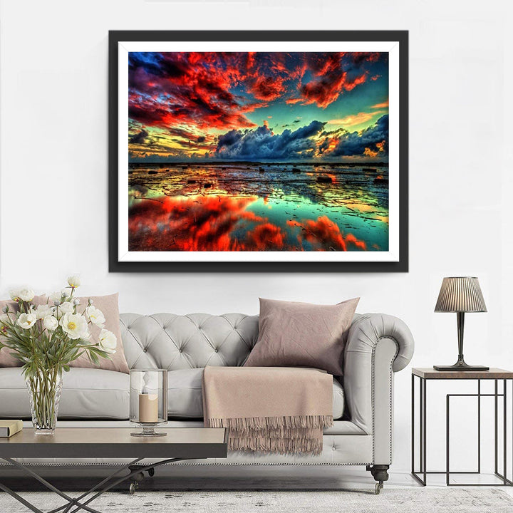 Vuurrood-Oranje Hemelweelde met Spiegelend Moeras Diamond Painting