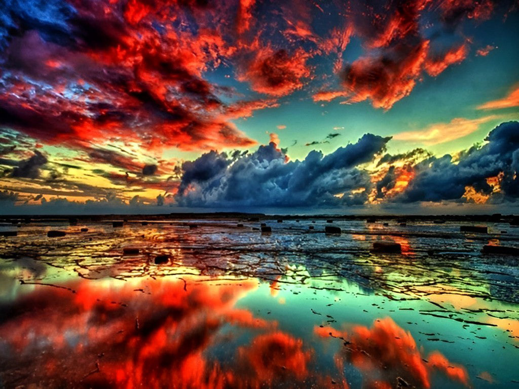 Vuurrood-Oranje Hemelweelde met Spiegelend Moeras Diamond Painting