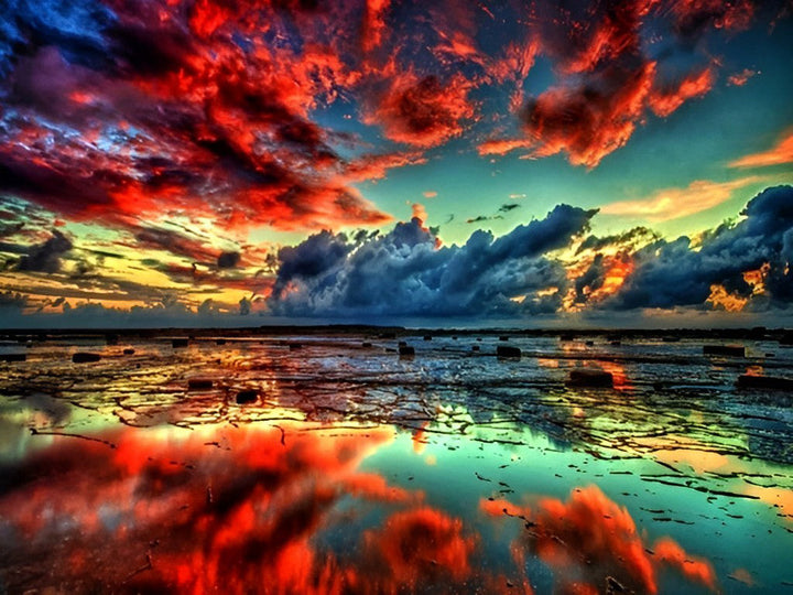 Vuurrood-Oranje Hemelweelde met Spiegelend Moeras Diamond Painting