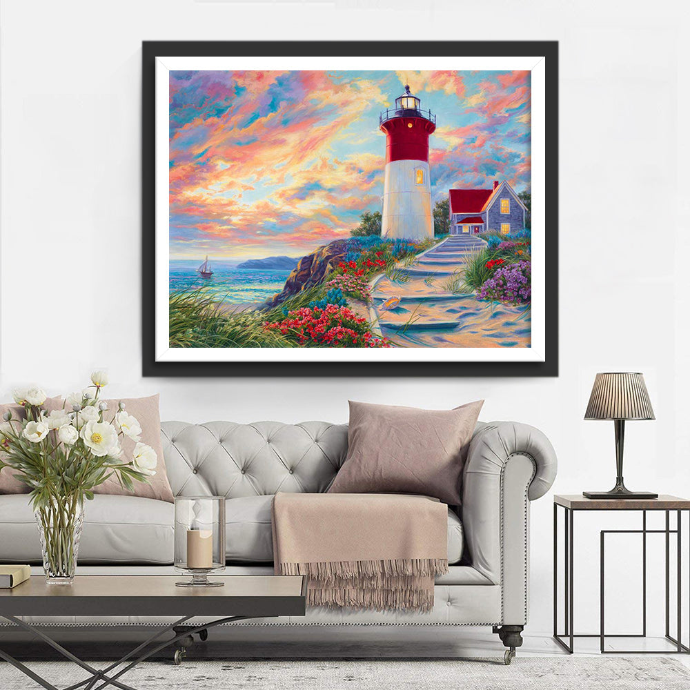 Vuurtoren aan de Kust onder de Kleurrijke Lucht Diamond Painting