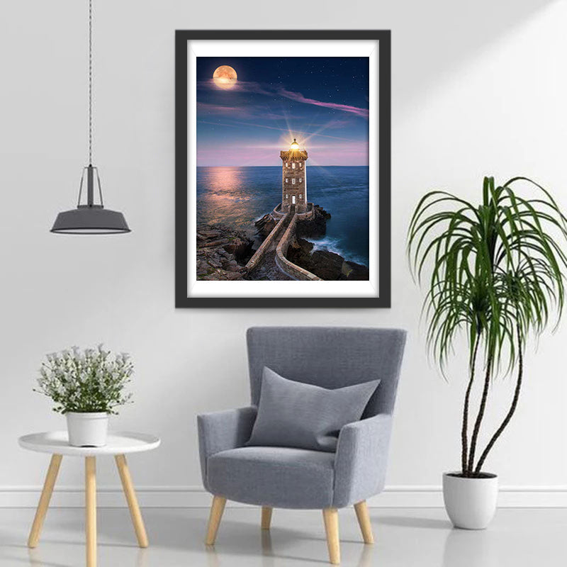 Vuurtoren als Magisch Lichtpuntje onder de Volle Maan Diamond Painting