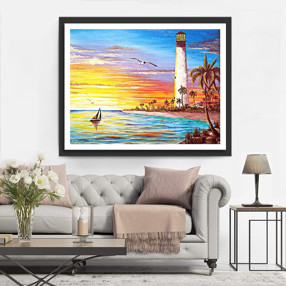 Vuurtoren, Zee en de Warme Gloed van de Zonsondergang Diamond Painting