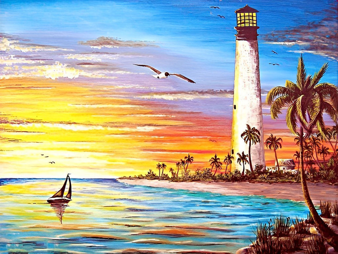 Vuurtoren, Zee en de Warme Gloed van de Zonsondergang Diamond Painting