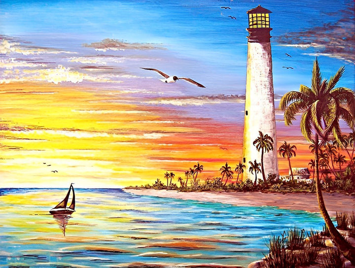 Vuurtoren, Zee en de Warme Gloed van de Zonsondergang Diamond Painting